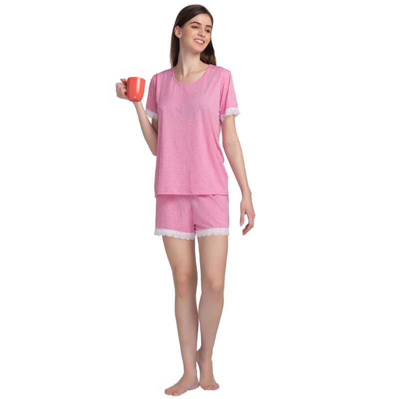 DIGITAL SHOPEE Women's Cotton Floral Night Suit Set – Comfy Pajama Top & Shorts, Light Pink